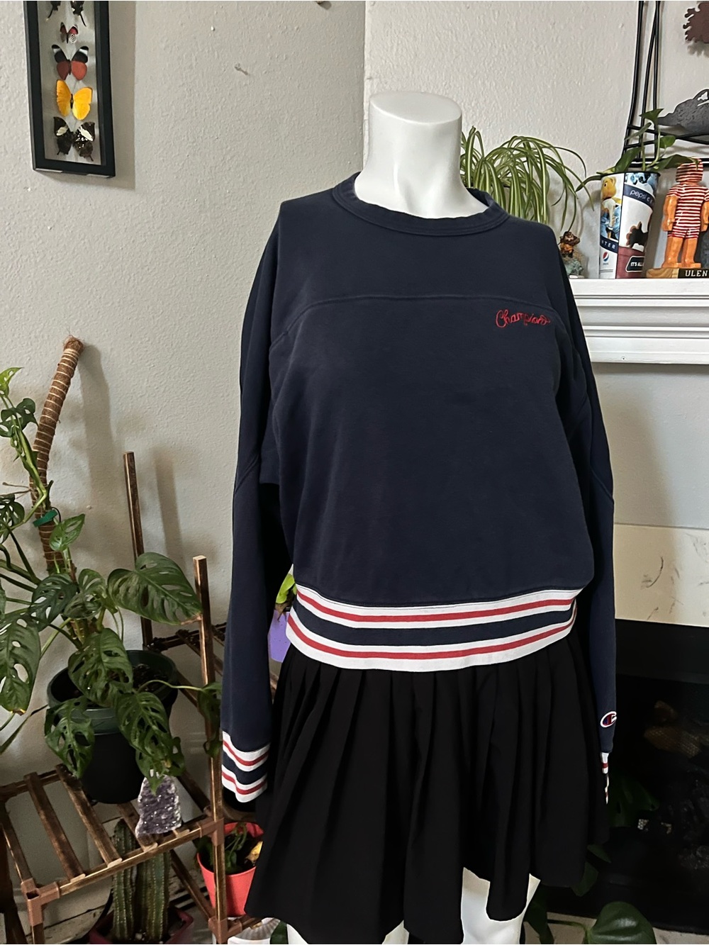 Champion Navy Cropped Sweatshirt with Red & White Trim